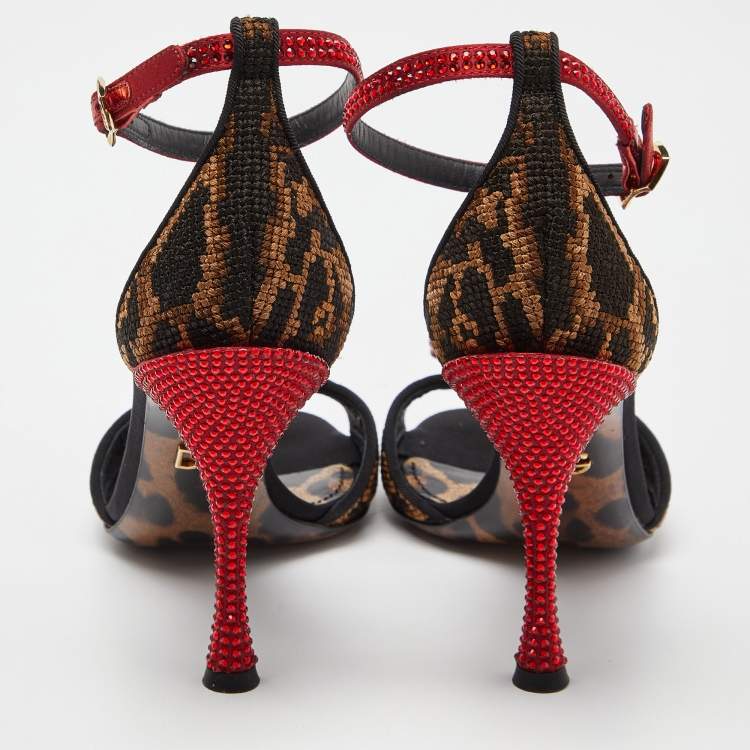 Pre Owned Dolce & Gabbana Beige/Black Leopard Print Canvas and Satin Rose Applique Ankle Strap Sandals Size 35
