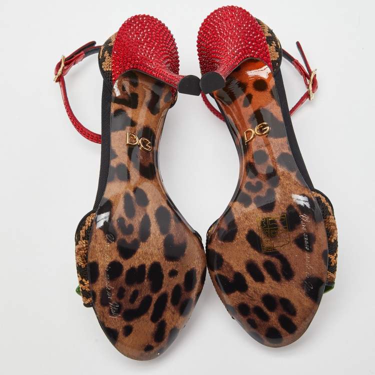 Pre Owned Dolce & Gabbana Beige/Black Leopard Print Canvas and Satin Rose Applique Ankle Strap Sandals Size 35