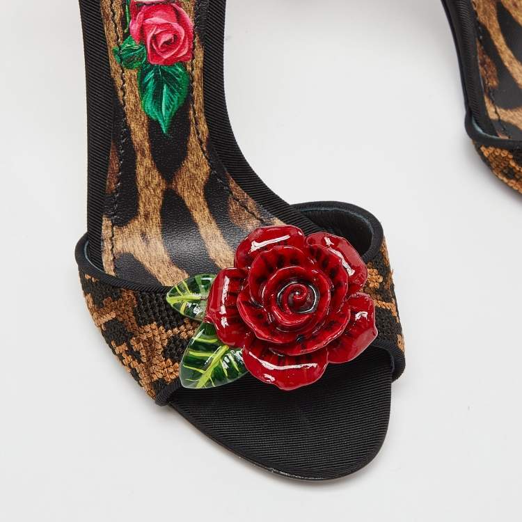 Pre Owned Dolce & Gabbana Beige/Black Leopard Print Canvas and Satin Rose Applique Ankle Strap Sandals Size 37