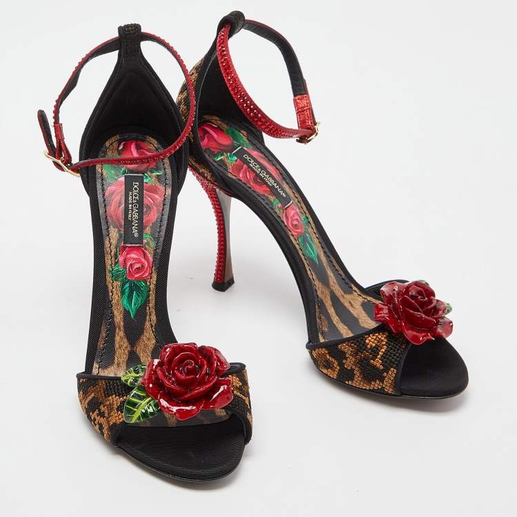 Pre Owned Dolce & Gabbana Beige/Black Leopard Print Canvas and Satin Rose Applique Ankle Strap Sandals Size 37
