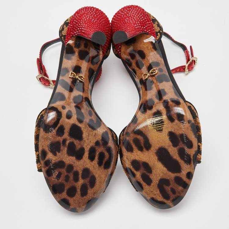 Pre Owned Dolce & Gabbana Beige/Black Leopard Print Canvas and Satin Rose Applique Ankle Strap Sandals Size 37