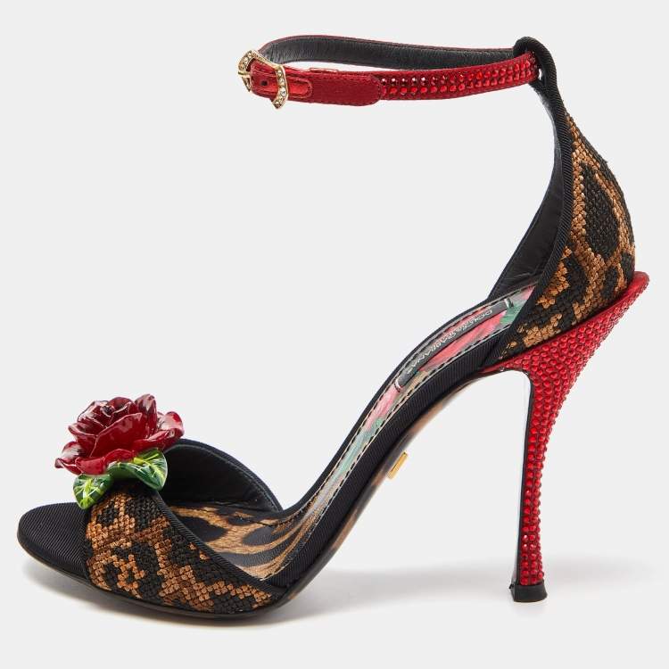 Pre Owned Dolce & Gabbana Beige/Black Leopard Print Canvas and Satin Rose Applique Ankle Strap Sandals Size 37