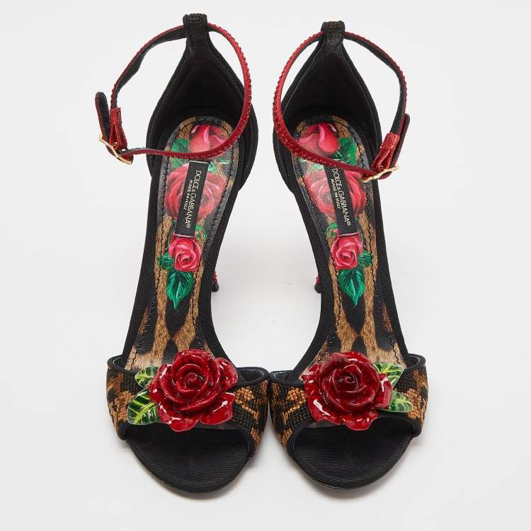 Pre Owned Dolce & Gabbana Beige/Black Leopard Print Canvas and Satin Rose Applique Ankle Strap Sandals Size 37