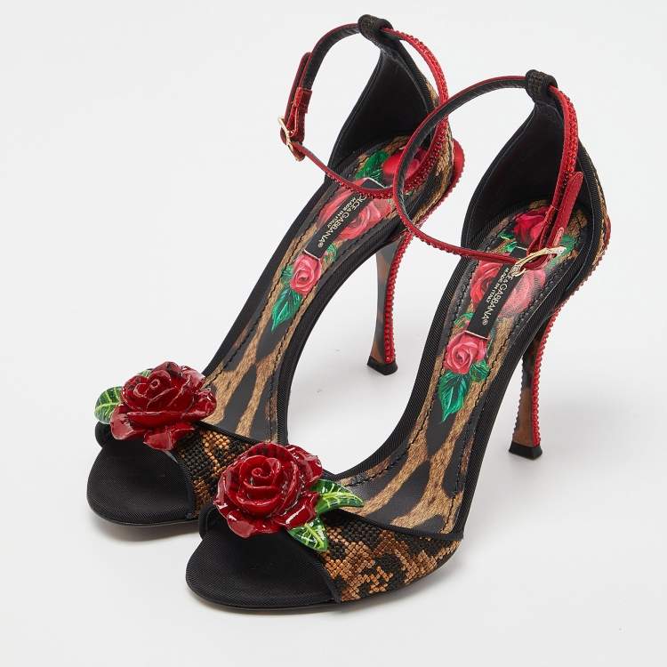 Pre Owned Dolce & Gabbana Beige/Black Leopard Print Canvas and Satin Rose Applique Ankle Strap Sandals Size 38
