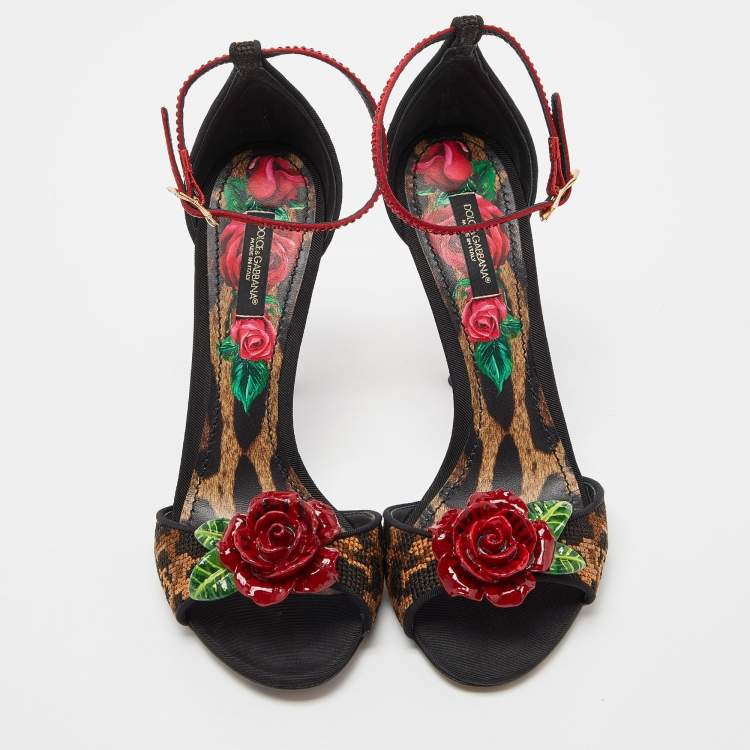 Pre Owned Dolce & Gabbana Beige/Black Leopard Print Canvas and Satin Rose Applique Ankle Strap Sandals Size 38