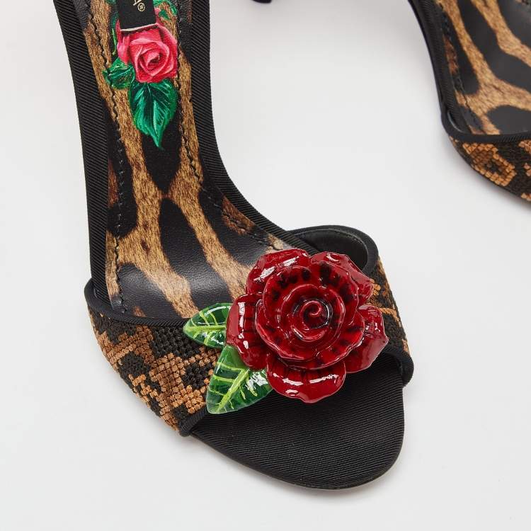 Pre Owned Dolce & Gabbana Beige/Black Leopard Print Canvas and Satin Rose Applique Ankle Strap Sandals Size 38