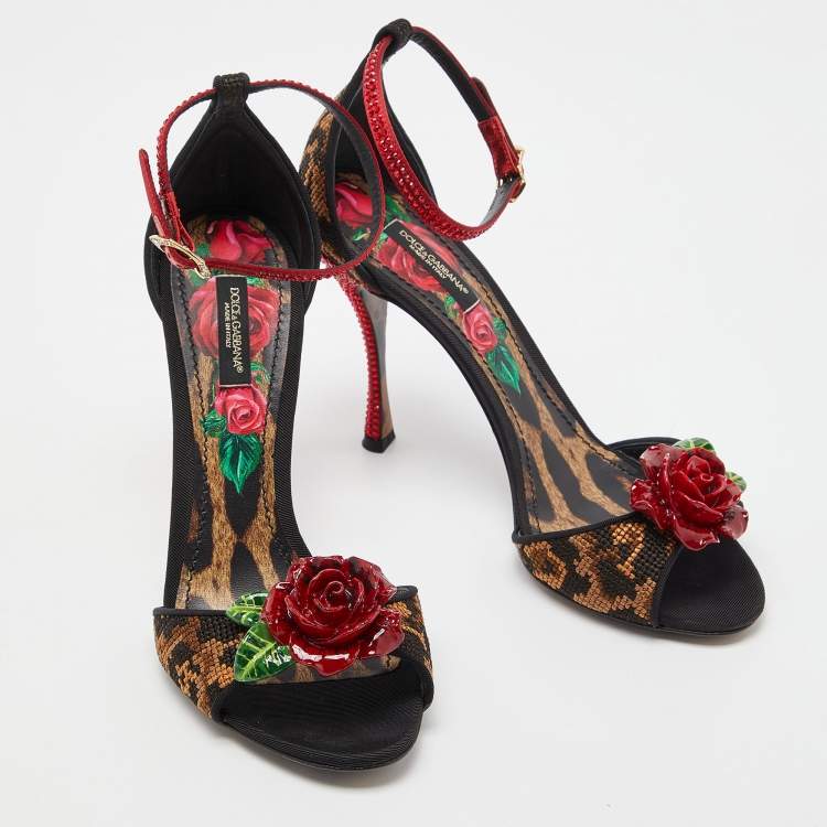 Pre Owned Dolce & Gabbana Beige/Black Leopard Print Canvas and Satin Rose Applique Ankle Strap Sandals Size 38