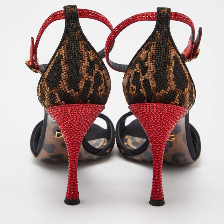 Pre Owned Dolce & Gabbana Beige/Black Leopard Print Canvas and Satin Rose Applique Ankle Strap Sandals Size 38