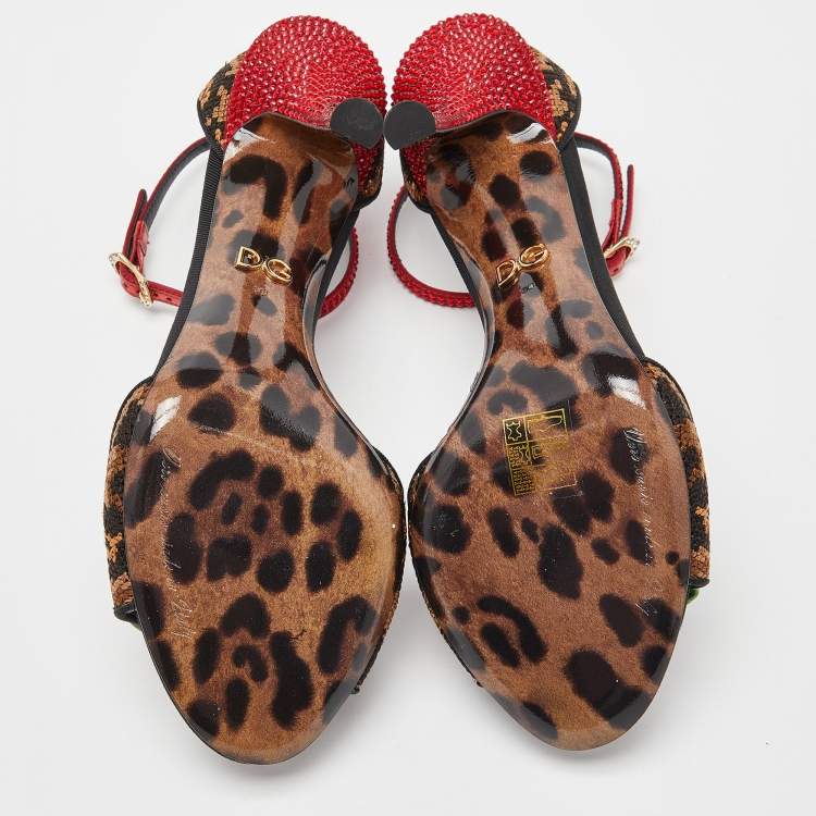 Pre Owned Dolce & Gabbana Beige/Black Leopard Print Canvas and Satin Rose Applique Ankle Strap Sandals Size 38