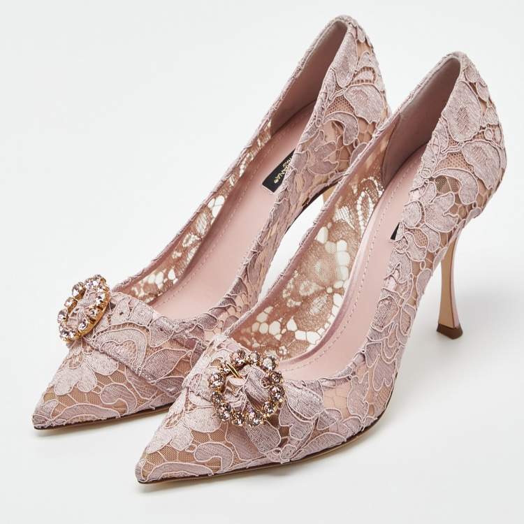 Pre Owned Dolce & Gabbana Lilac Lace Crystal Embellishment Pointed Toe Pumps Size 40