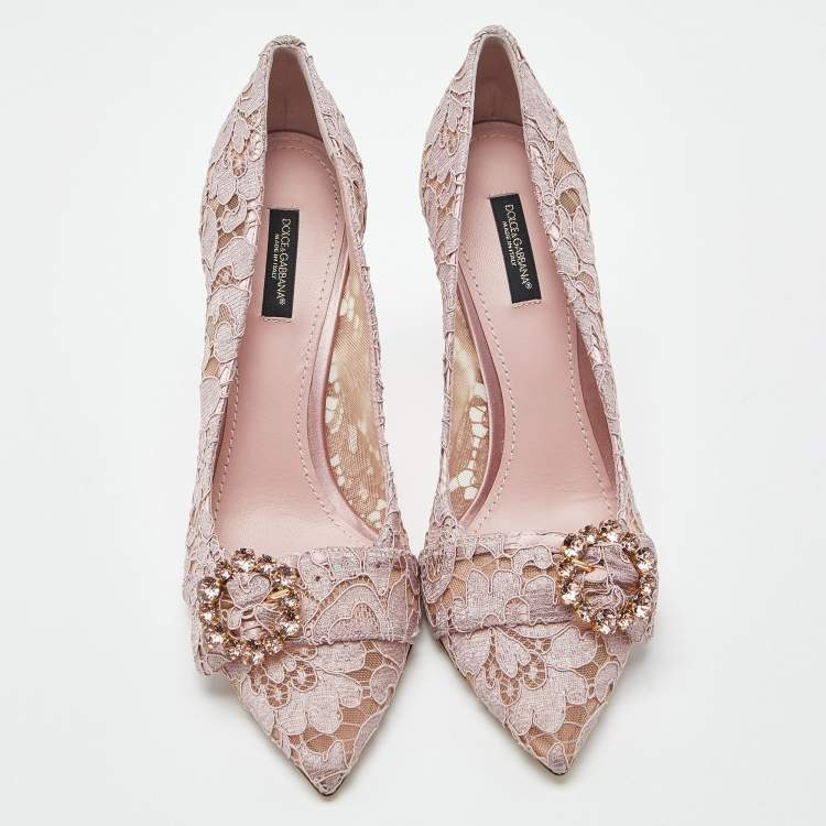 Pre Owned Dolce & Gabbana Lilac Lace Crystal Embellishment Pointed Toe Pumps Size 40