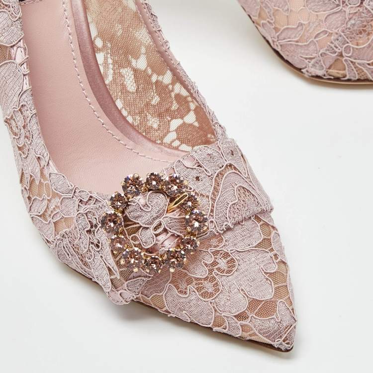 Pre Owned Dolce & Gabbana Lilac Lace Crystal Embellishment Pointed Toe Pumps Size 40