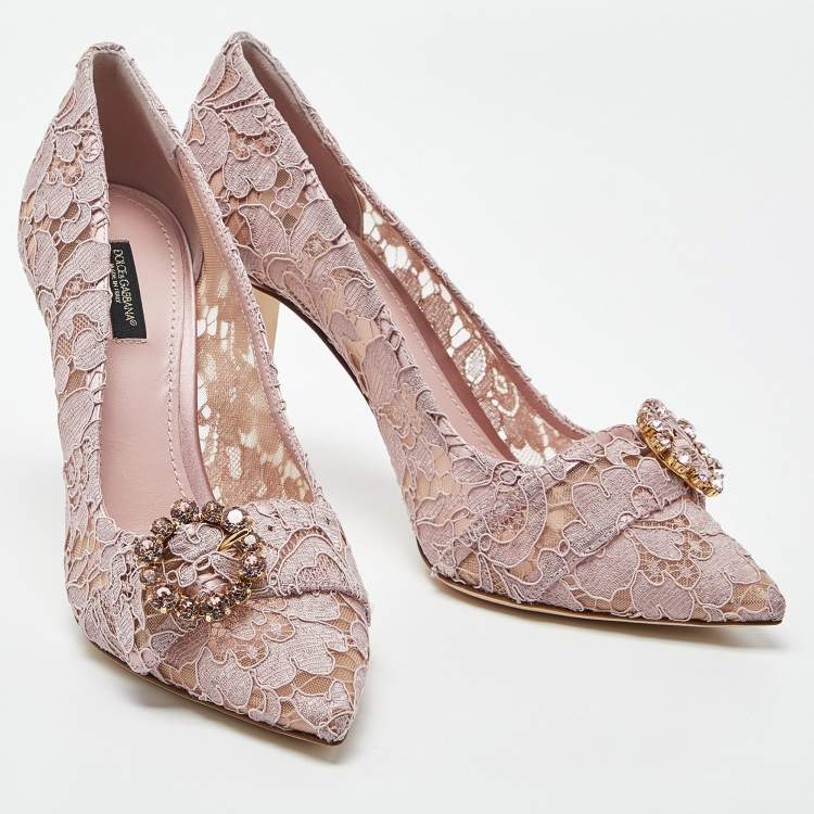 Pre Owned Dolce & Gabbana Lilac Lace Crystal Embellishment Pointed Toe Pumps Size 40