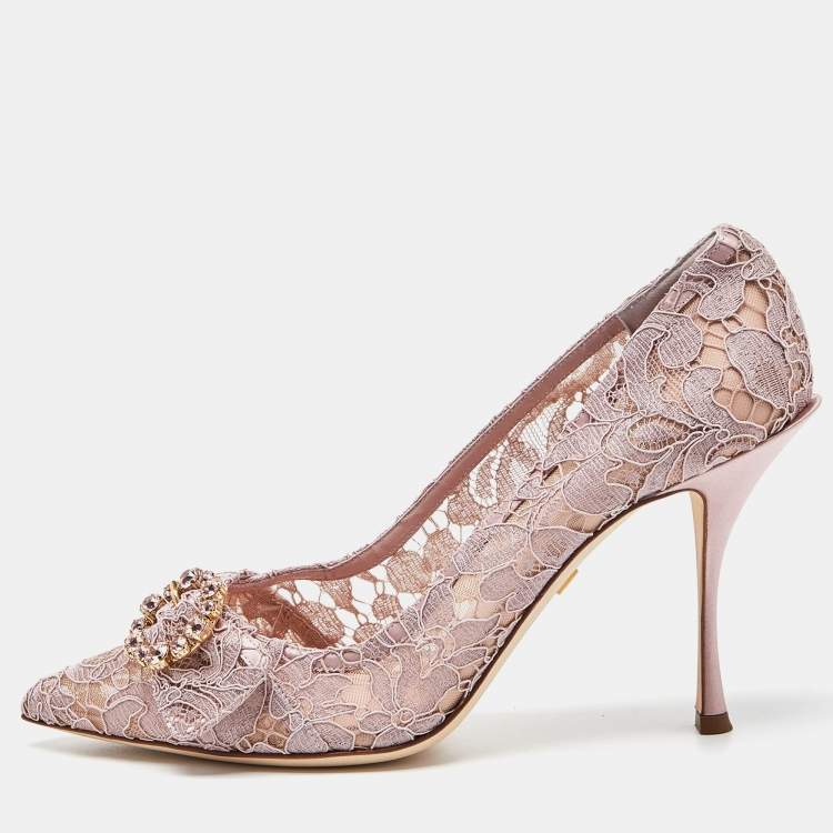 Pre Owned Dolce & Gabbana Lilac Lace Crystal Embellishment Pointed Toe Pumps Size 41