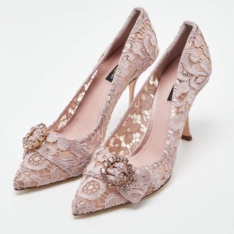 Pre Owned Dolce & Gabbana Lilac Lace Crystal Embellishment Pointed Toe Pumps Size 41