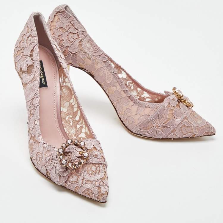 Pre Owned Dolce & Gabbana Lilac Lace Crystal Embellishment Pointed Toe Pumps Size 41