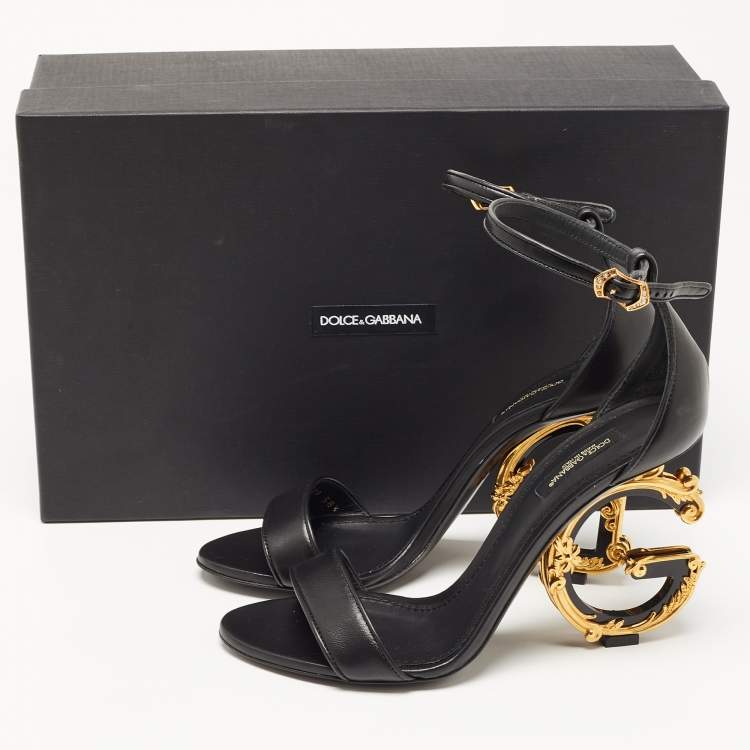 Pre Owned Dolce & Gabbana Black Leather Keira DG Heel Ankle Strap Sandals Size 38.5