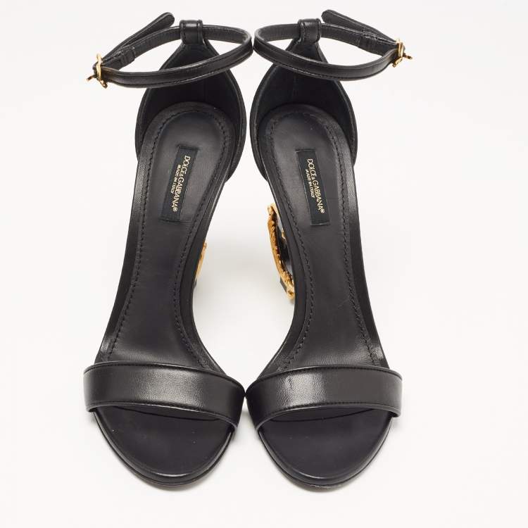 Pre Owned Dolce & Gabbana Black Leather Keira DG Heel Ankle Strap Sandals Size 38.5