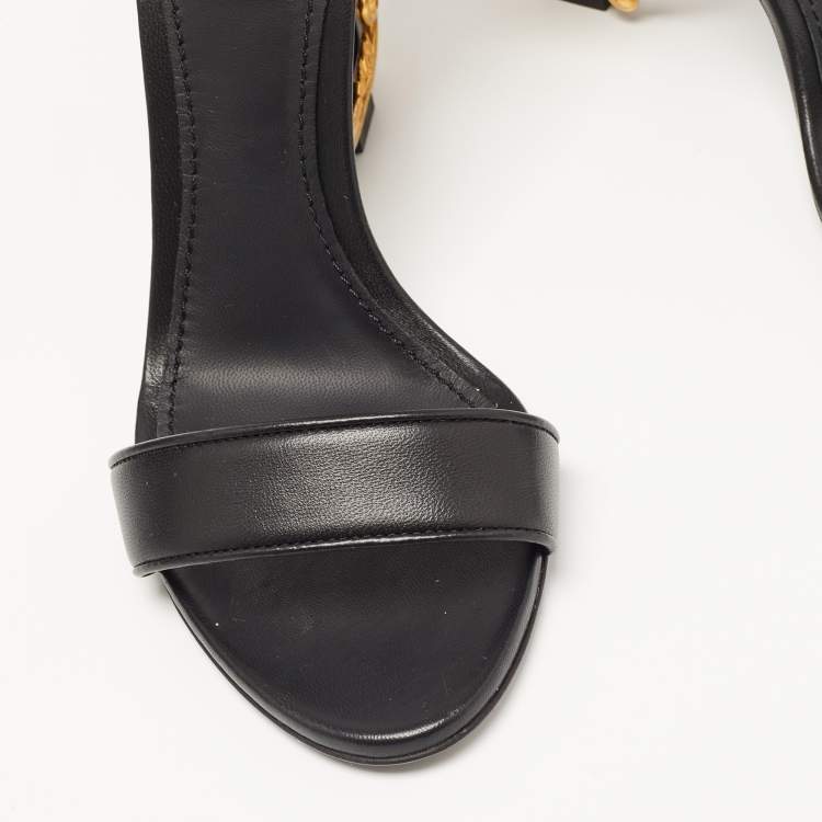 Pre Owned Dolce & Gabbana Black Leather Keira DG Heel Ankle Strap Sandals Size 38.5