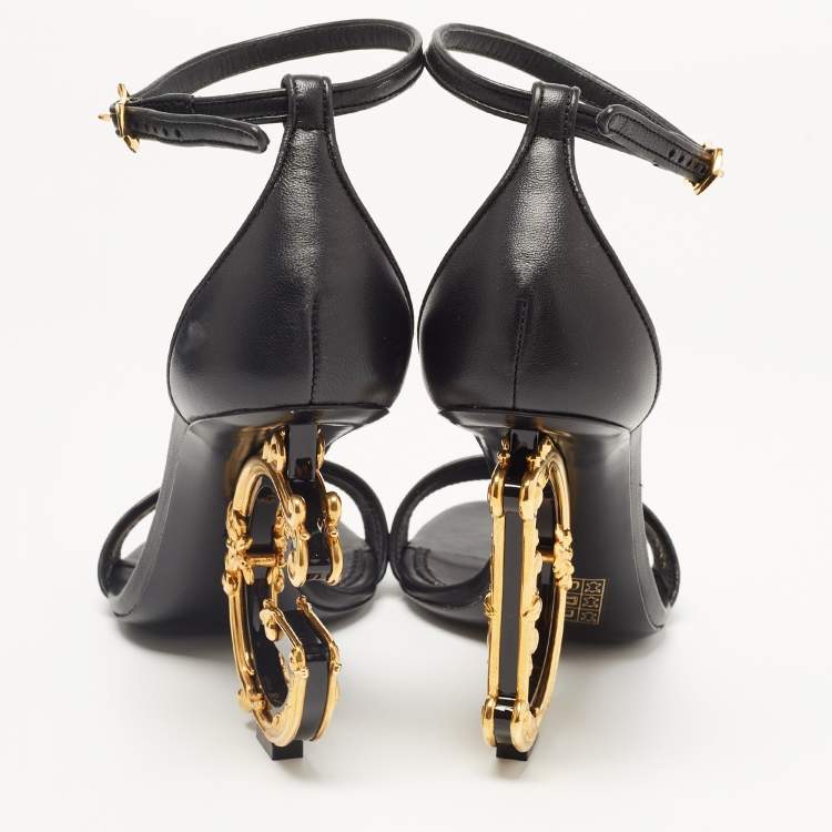 Pre Owned Dolce & Gabbana Black Leather Keira DG Heel Ankle Strap Sandals Size 38.5