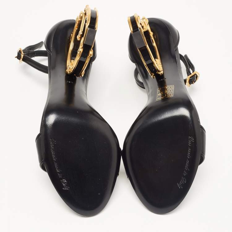 Pre Owned Dolce & Gabbana Black Leather Keira DG Heel Ankle Strap Sandals Size 38.5