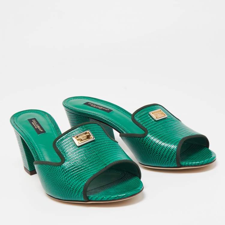 Pre Owned Dolce & Gabbana Green Lizard Leather Slides Size 39.5  