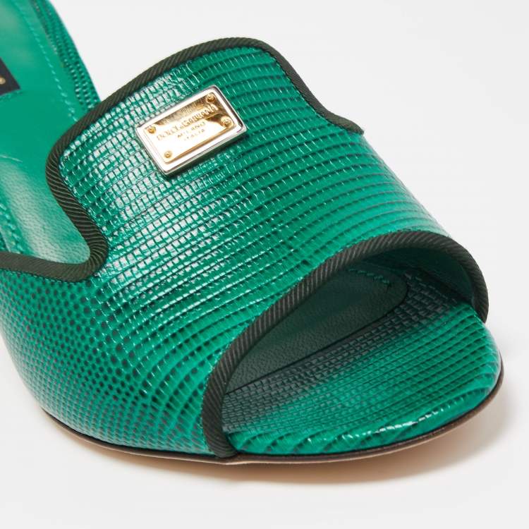 Pre Owned Dolce & Gabbana Green Lizard Leather Slides Size 39.5  