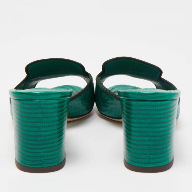 Pre Owned Dolce & Gabbana Green Lizard Leather Slides Size 39.5  