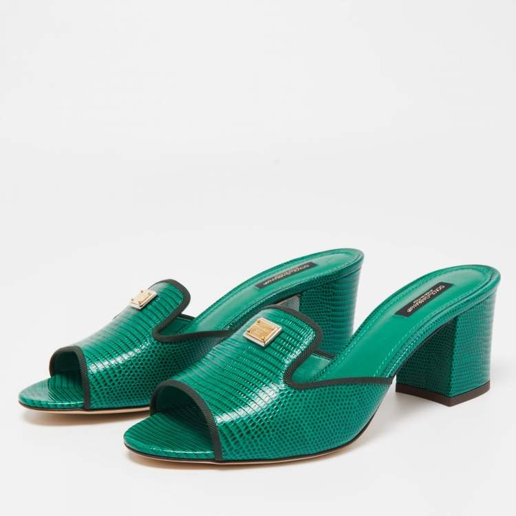 Pre Owned Dolce & Gabbana Green Lizard Leather Slides Size 39.5  