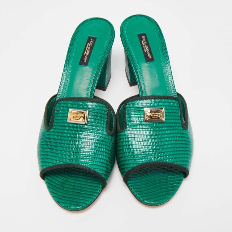 Pre Owned Dolce & Gabbana Green Lizard Leather Slides Size 39.5  