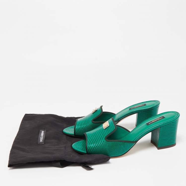Pre Owned Dolce & Gabbana Green Lizard Leather Slides Size 39.5  