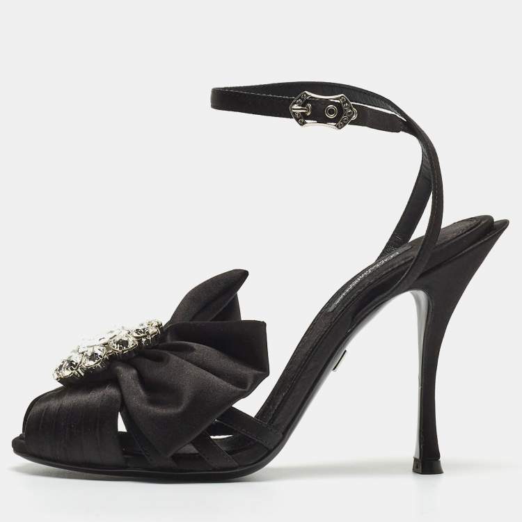 Pre Owned Dolce & Gabbana Black Pleated Satin Crystal Embellished Ankle Strap Sandals Size 35.5