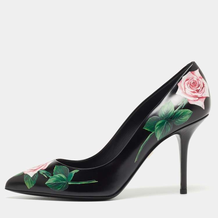 Pre Owned Dolce & Gabbana Black Leather Floral Print Pumps Size 40