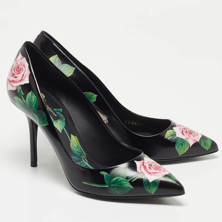Pre Owned Dolce & Gabbana Black Leather Floral Print Pumps Size 40