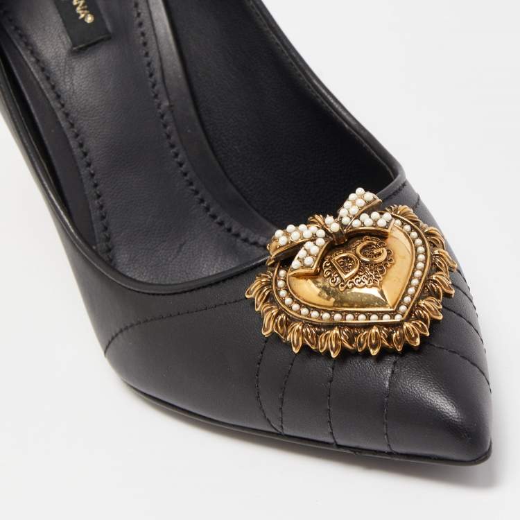 Pre Owned Dolce & Gabbana Black Leather Devotion Embellished Pointed Toe Pumps Size 39