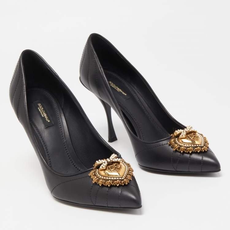 Pre Owned Dolce & Gabbana Black Leather Devotion Embellished Pointed Toe Pumps Size 39