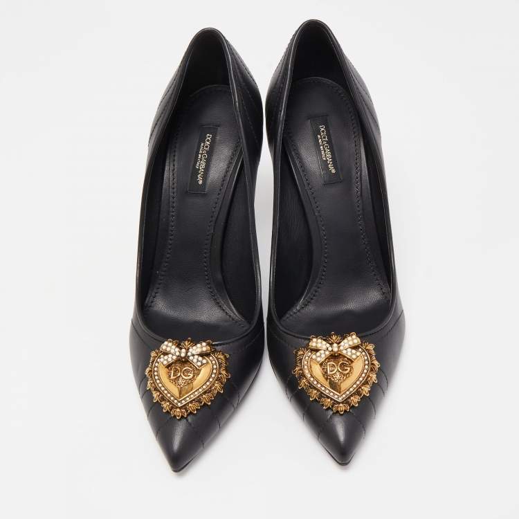 Pre Owned Dolce & Gabbana Black Leather Devotion Embellished Pointed Toe Pumps Size 39