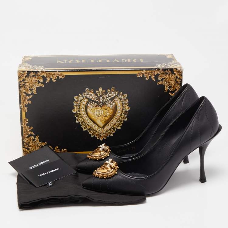Pre Owned Dolce & Gabbana Black Leather Devotion Embellished Pointed Toe Pumps Size 39