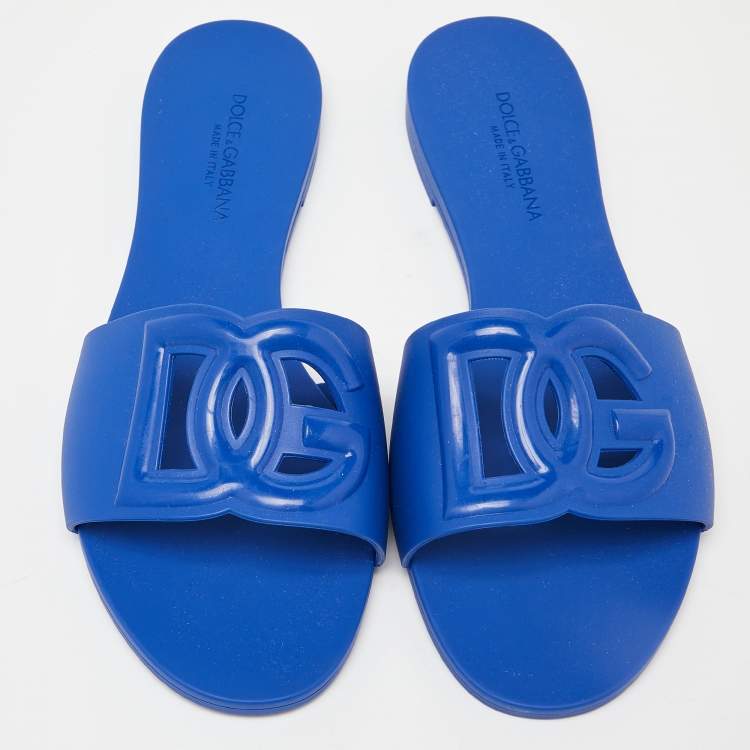 Pre Owned Dolce & Gabbana Blue Jelly DG Cut Out Logo Flat Slides Size 41