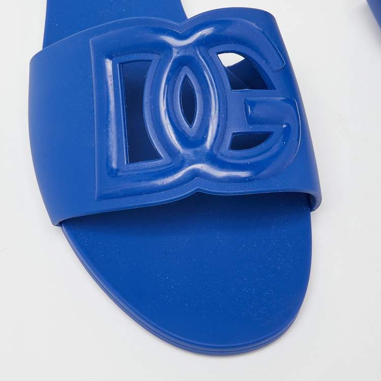 Pre Owned Dolce & Gabbana Blue Jelly DG Cut Out Logo Flat Slides Size 41