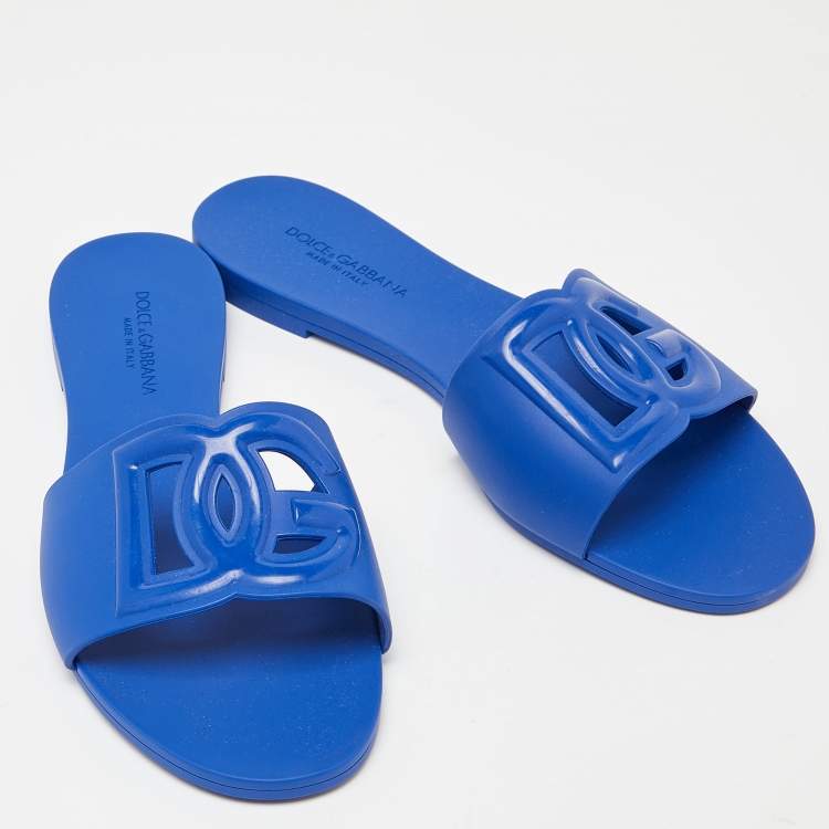 Pre Owned Dolce & Gabbana Blue Jelly DG Cut Out Logo Flat Slides Size 41