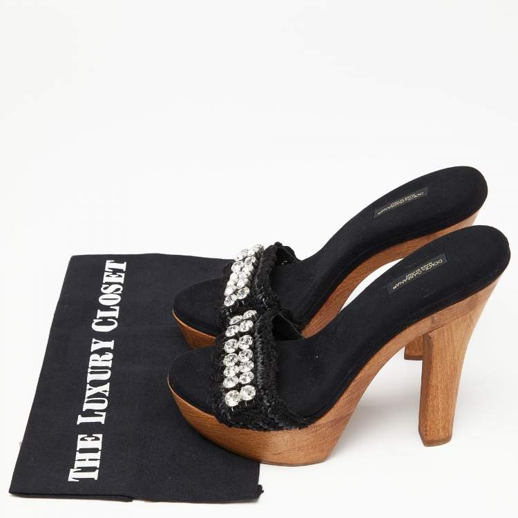 Pre Owned Dolce & Gabbana Black Woven Raffia and Fabric Crystal Embellished Platform Slide Sandals Size 38