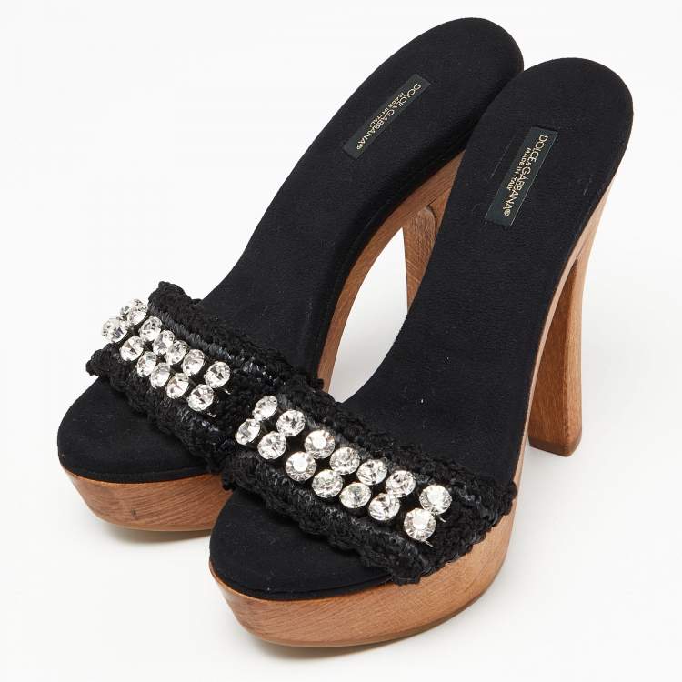 Pre Owned Dolce & Gabbana Black Woven Raffia and Fabric Crystal Embellished Platform Slide Sandals Size 38