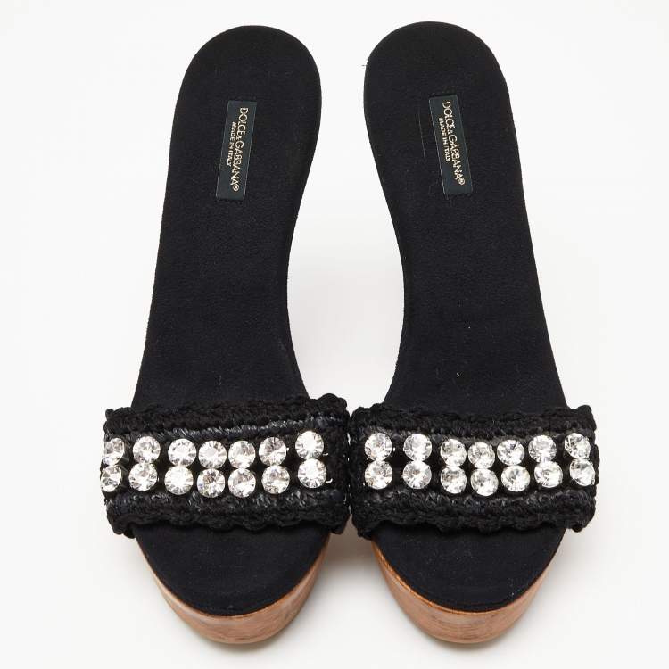 Pre Owned Dolce & Gabbana Black Woven Raffia and Fabric Crystal Embellished Platform Slide Sandals Size 38