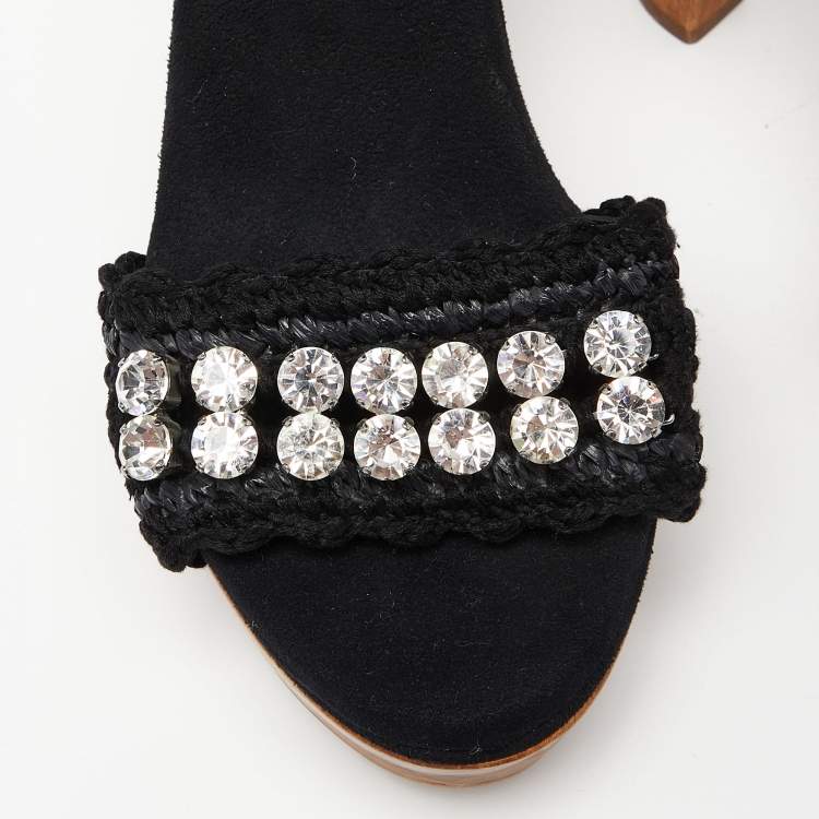 Pre Owned Dolce & Gabbana Black Woven Raffia and Fabric Crystal Embellished Platform Slide Sandals Size 38