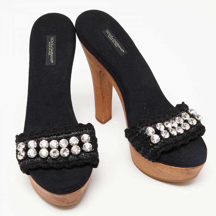 Pre Owned Dolce & Gabbana Black Woven Raffia and Fabric Crystal Embellished Platform Slide Sandals Size 38