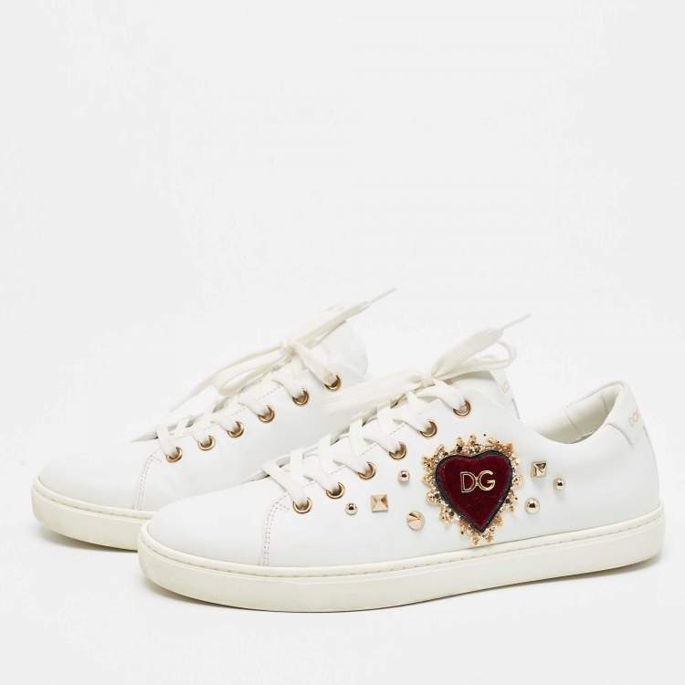 Pre Owned Dolce & Gabbana White Leather Embellished Portofino Sneakers Size 39