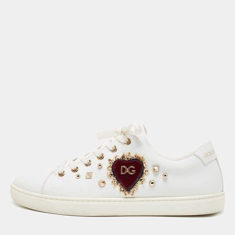Pre Owned Dolce & Gabbana White Leather Embellished Portofino Sneakers Size 39