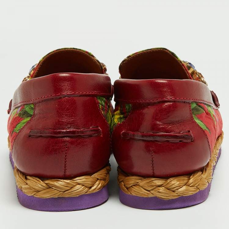 Pre Owned Dolce & Gabbana Multicolor Brocade Fabric and Leather Crystal Embellished Loafers Size 38