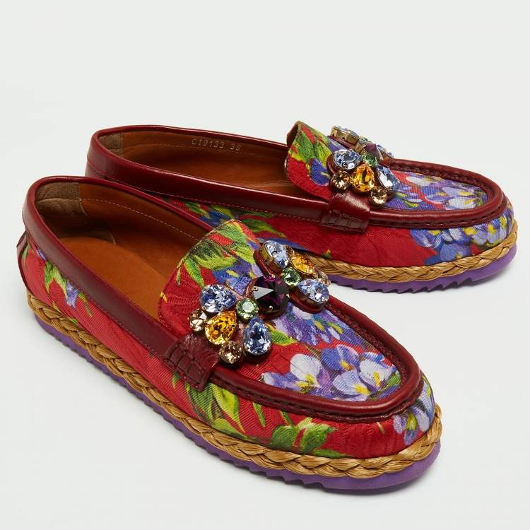 Pre Owned Dolce & Gabbana Multicolor Brocade Fabric and Leather Crystal Embellished Loafers Size 38